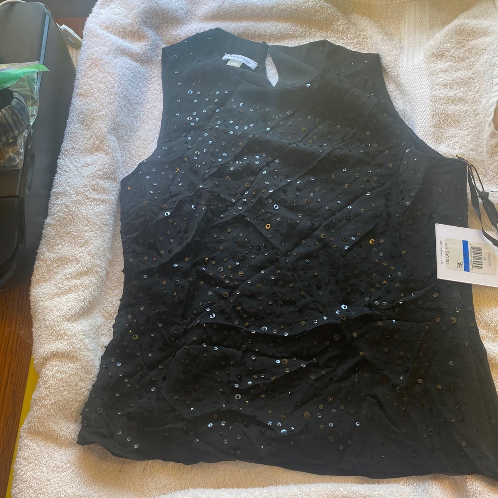 Calvin Klein Womens Black Sequin Ruffle Sleeveless Top Shell CD6R4G2D XL NWT